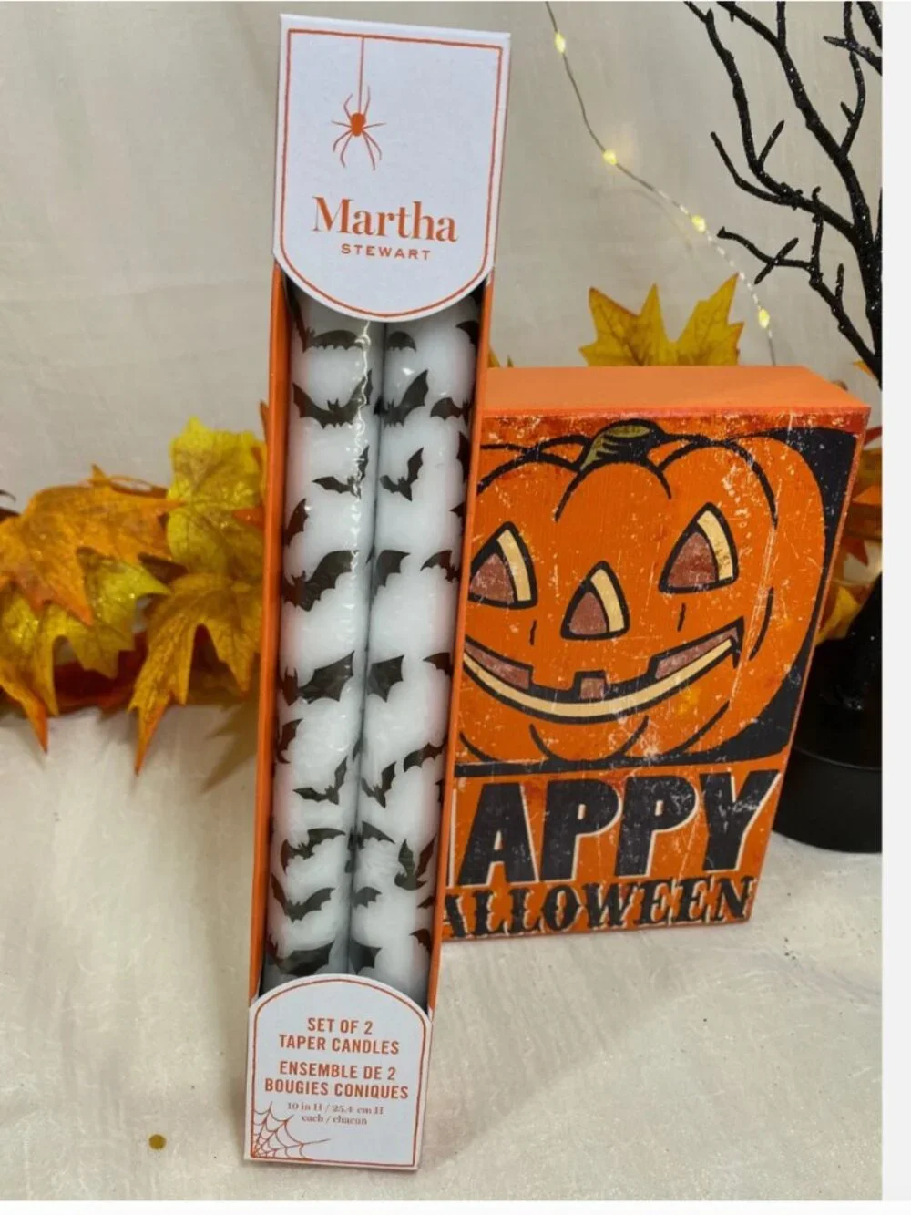 Martha Strewart Set Of 2 Taper Candle Black BATS 10 Inch Halloween New